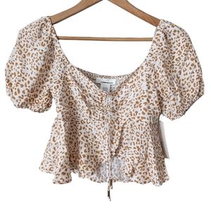 URBAN Romantics Puff Sleeve Smock Back Crop Top Animal Print